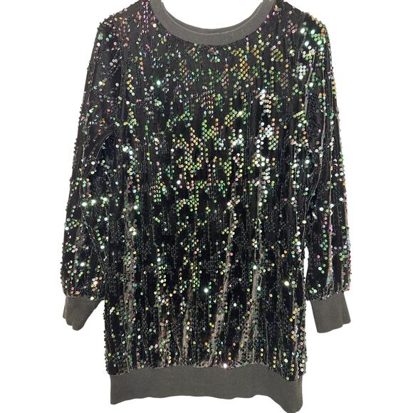 ❤️Colorful Planet Black Iridescent Full Sequin Sweatshirt Elastic Waist Cuff XL - Picture 1 of 4